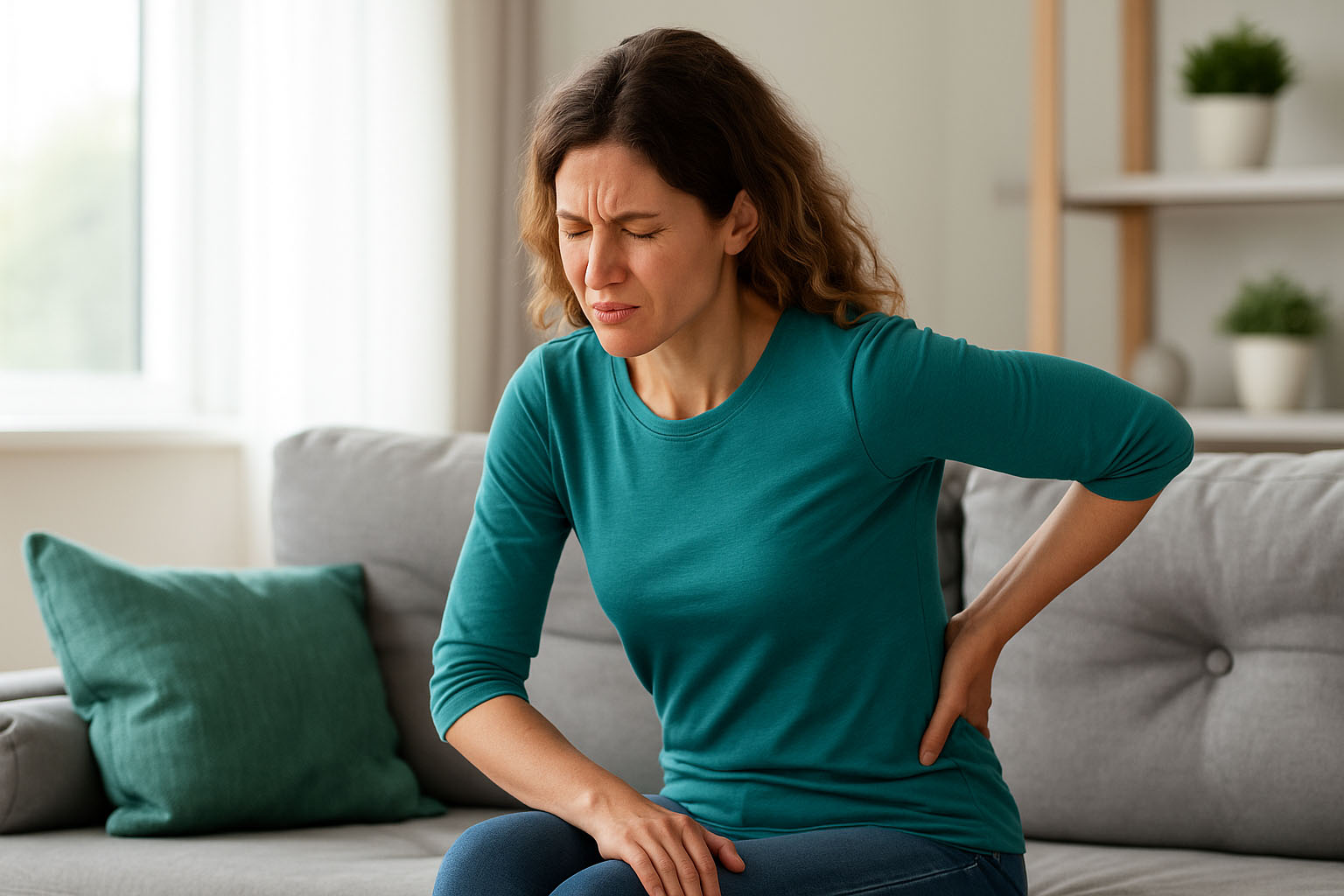 Frau mit Rückenschmerzen sitzt auf dem Sofa und hält sich den unteren Rücken – Symbolbild für chronische Rückenschmerzen ohne erkennbare Ursache.